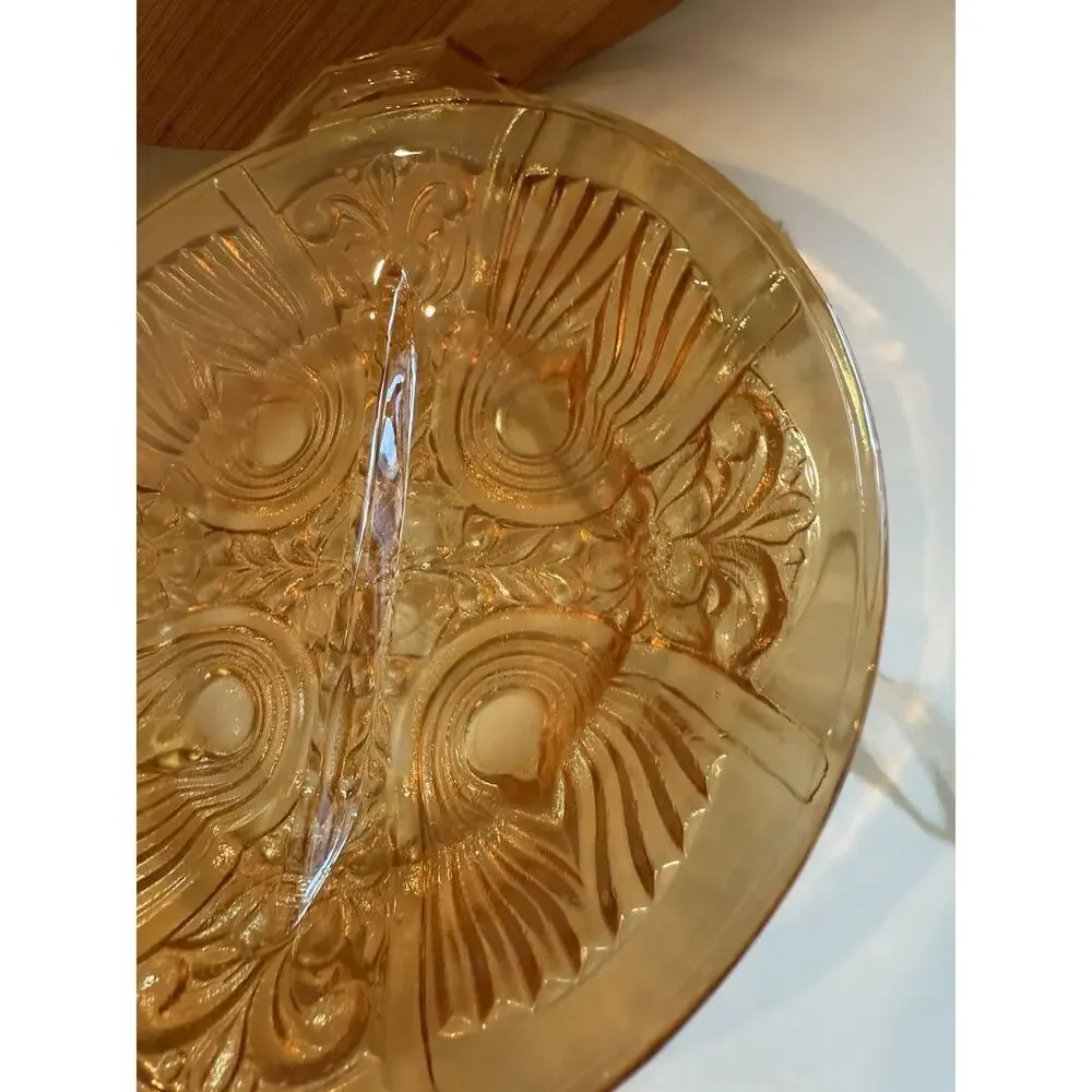 Vintage Indiana Glass Iridescent Amber Killarney Divided Relish Dish Handle